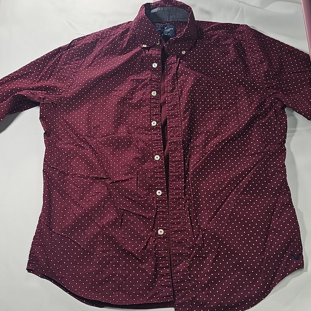 American Eagle AE Medium Button Down Shirt Maroon Polka Dot EUC